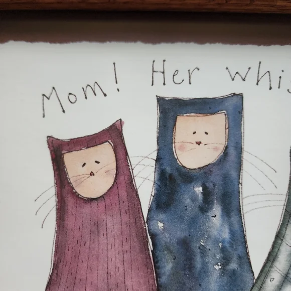 Annette Fish wooden framed print 3 cats "Mom! her whisker is touching me" - Picture 2 of 11